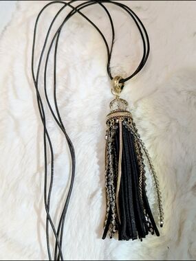 Chico's Faux Leather & Beaded Tassel Statement Necklace
